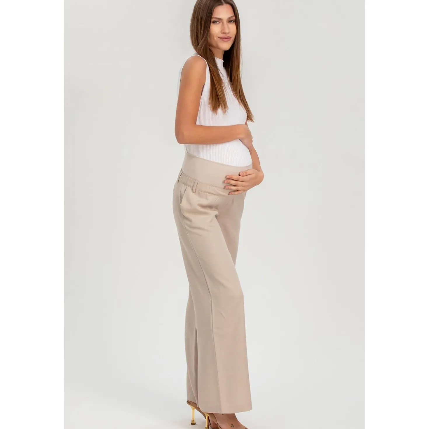 Pantaloni Premaman a Gamba Larga Ice Beige