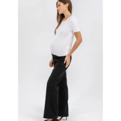 Pantaloni Premaman in Lino Nero a Gamba Leggermente Svasata